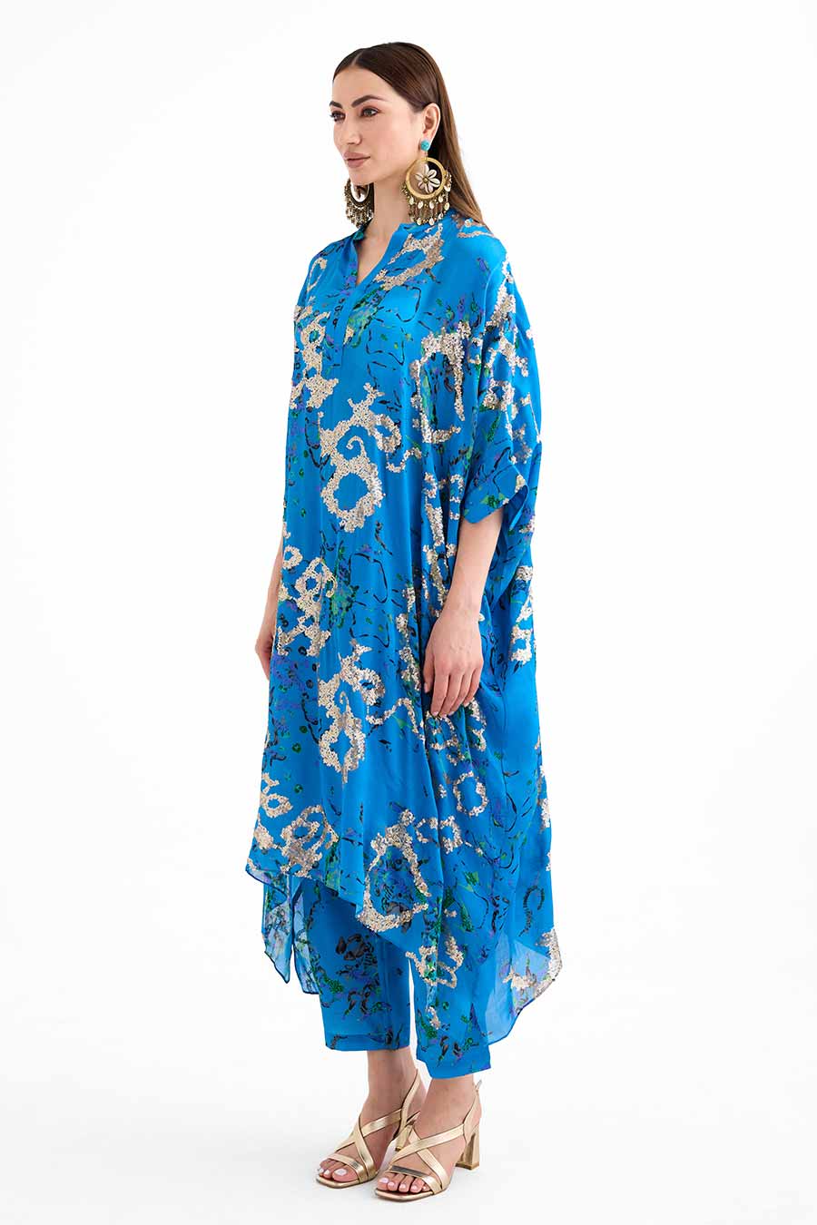 Sequin Embellished Blue Long Kaftan Co-Ord Set