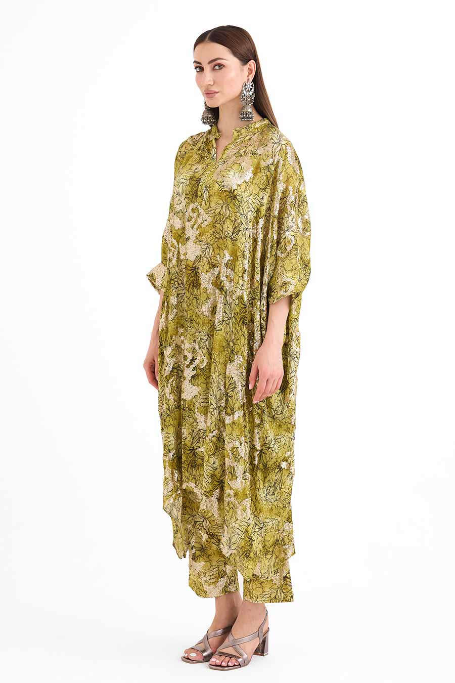 Sequin Embellished Green Long Kaftan Co-Ord Set