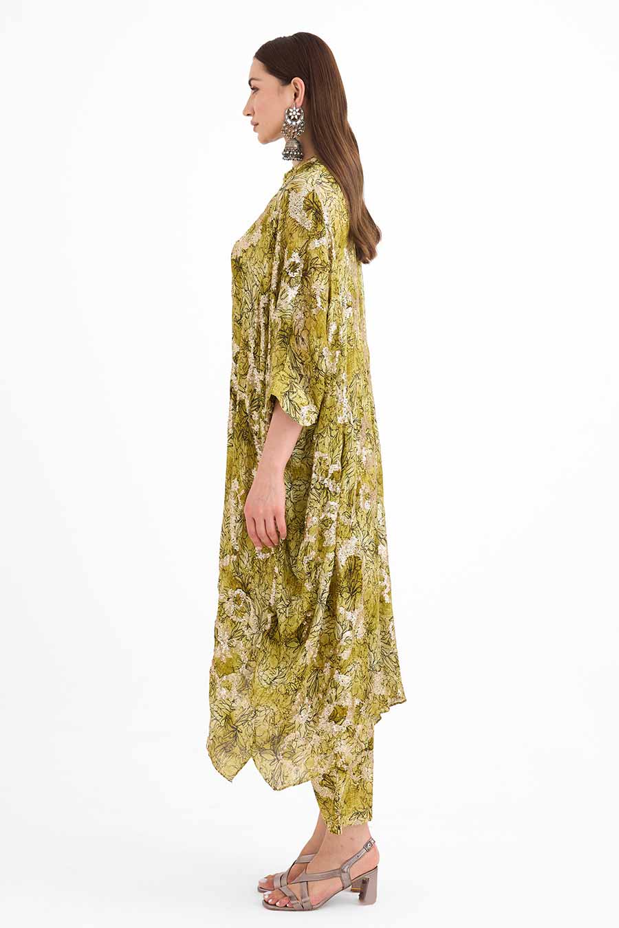 Sequin Embellished Green Long Kaftan Co-Ord Set