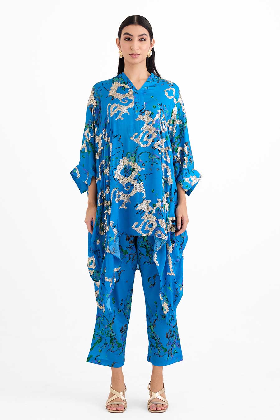 Sequin Embellished Blue Short Kaftan Co-Ord Set