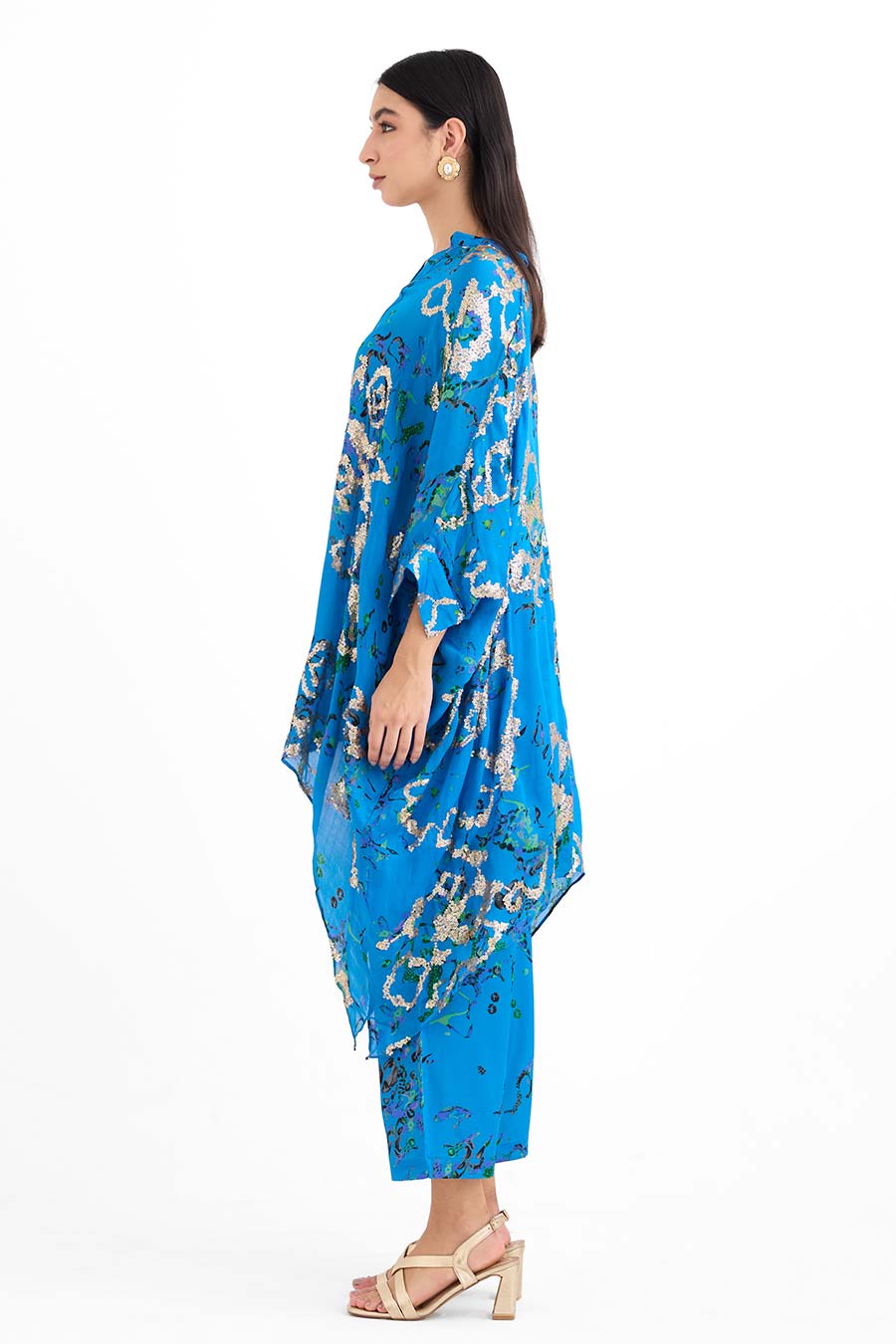 Sequin Embellished Blue Short Kaftan Co-Ord Set