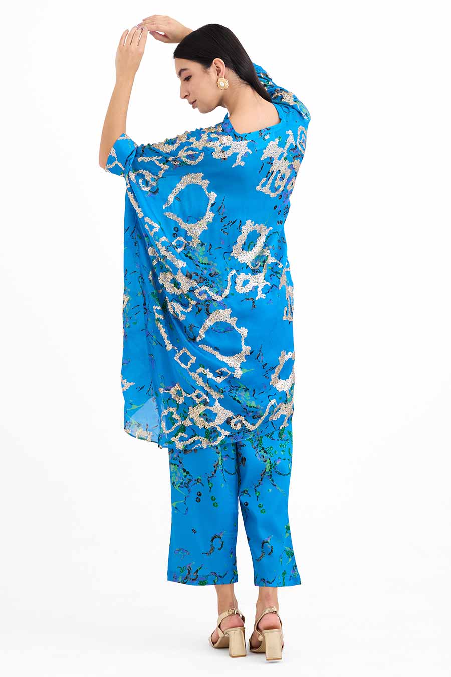 Sequin Embellished Blue Short Kaftan Co-Ord Set