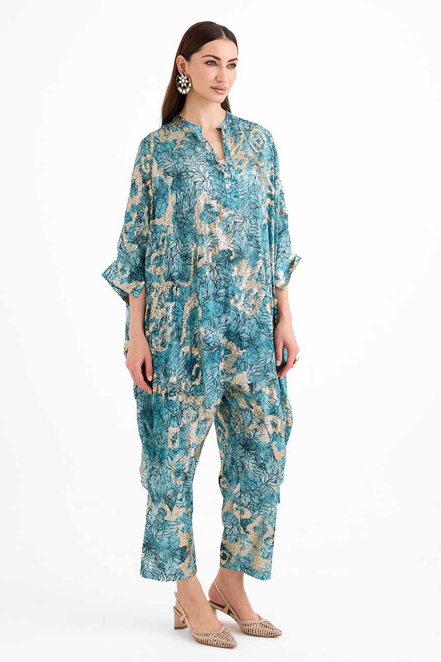 Sequin Embellished Marine Short Kaftan Co-Ord Set