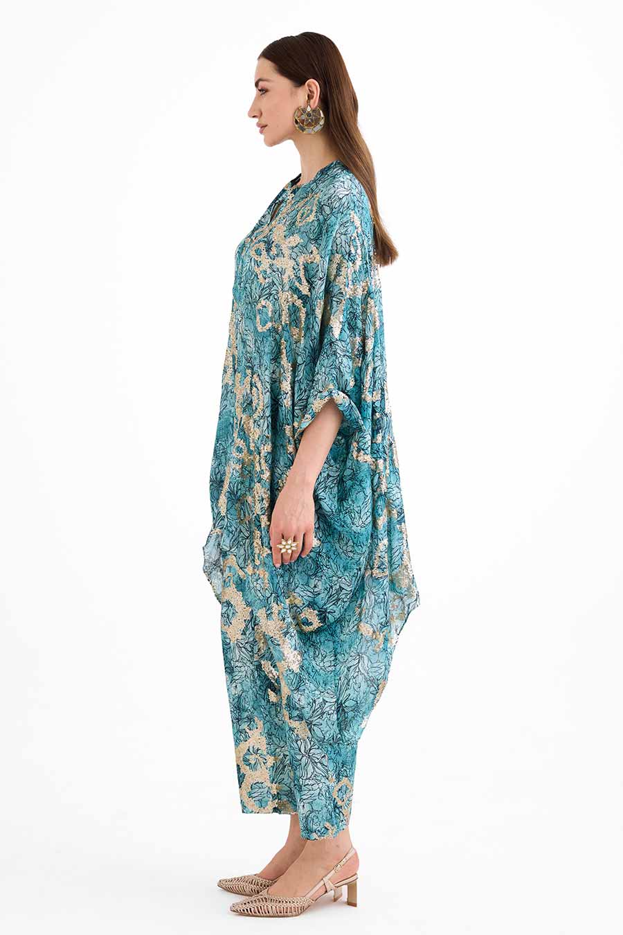 Sequin Embellished Marine Short Kaftan Co-Ord Set