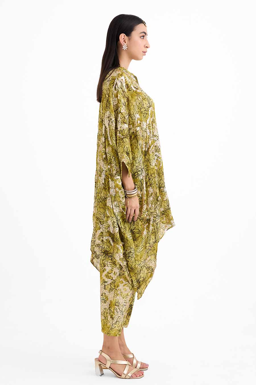 Sequin Embellished Green Short Kaftan Co-Ord Set