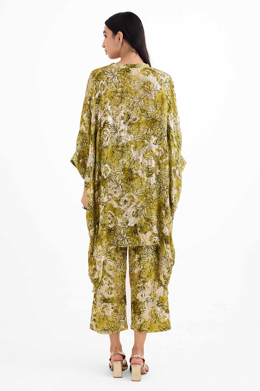 Sequin Embellished Green Short Kaftan Co-Ord Set