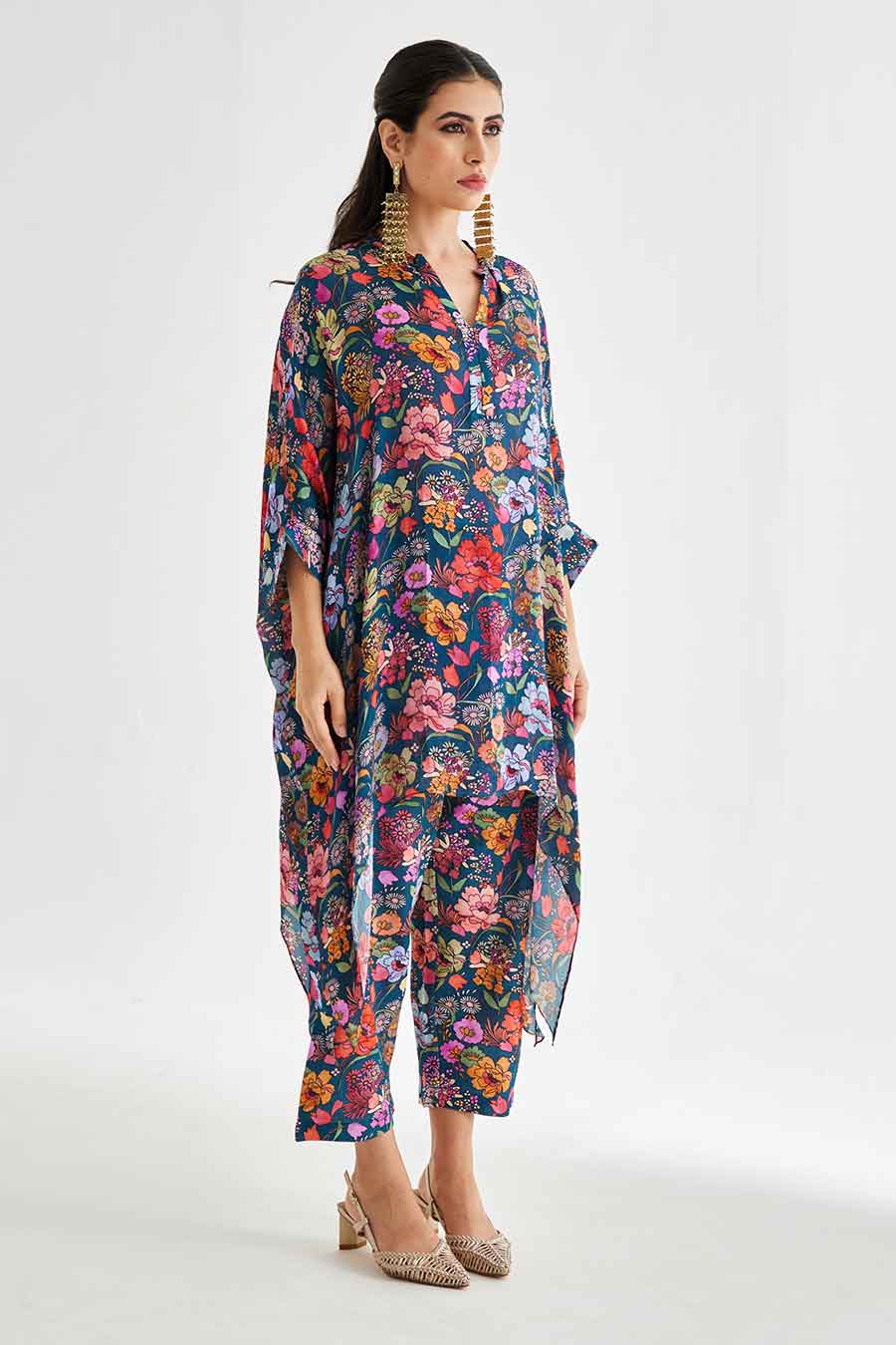 Big Blue Floral Printed Short Kaftan & Pant Set