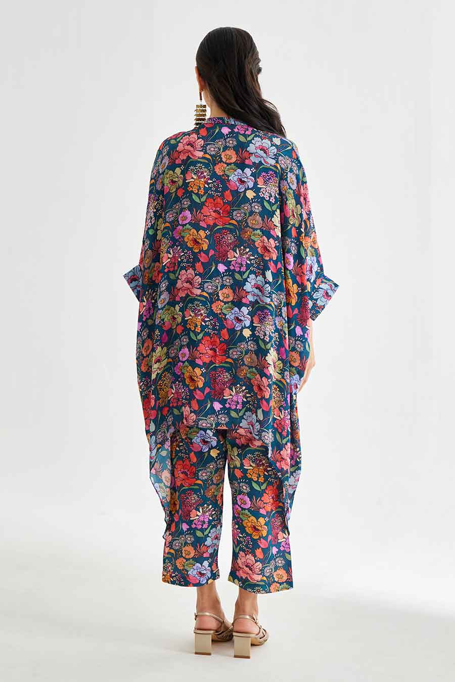 Big Blue Floral Printed Short Kaftan & Pant Set