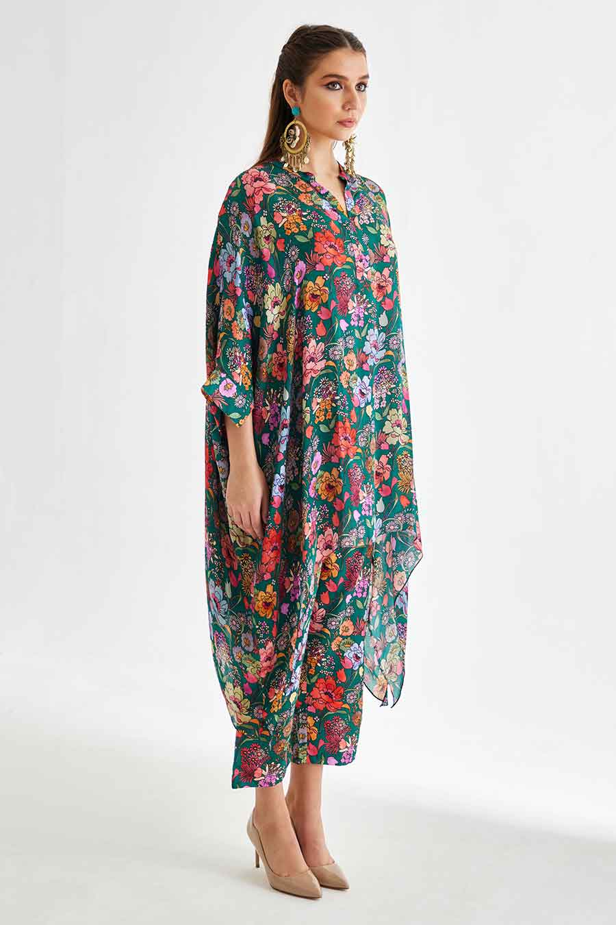 Big Green Floral Printed Short Kaftan & Pant Set