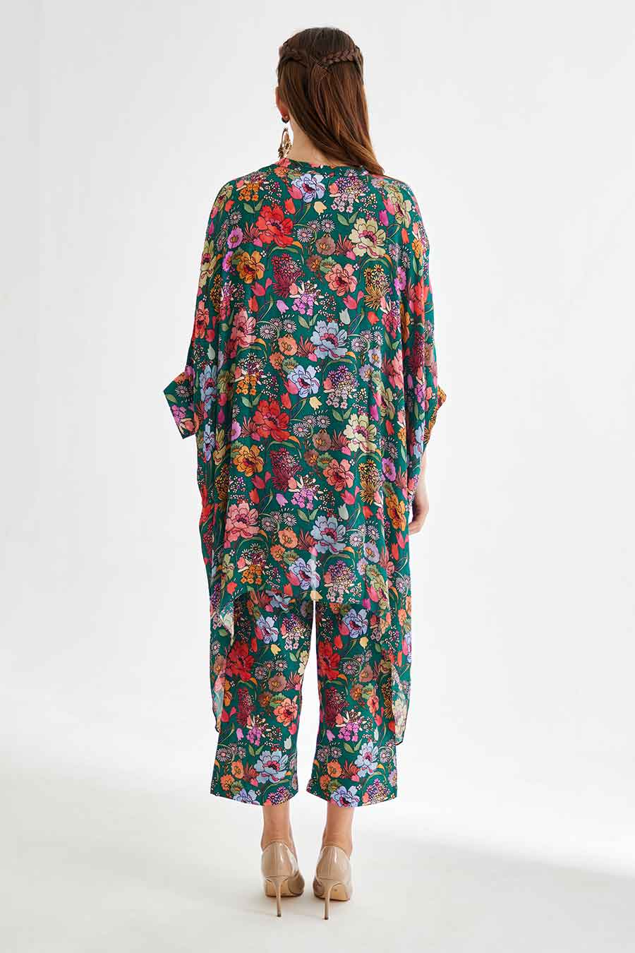 Big Green Floral Printed Short Kaftan & Pant Set