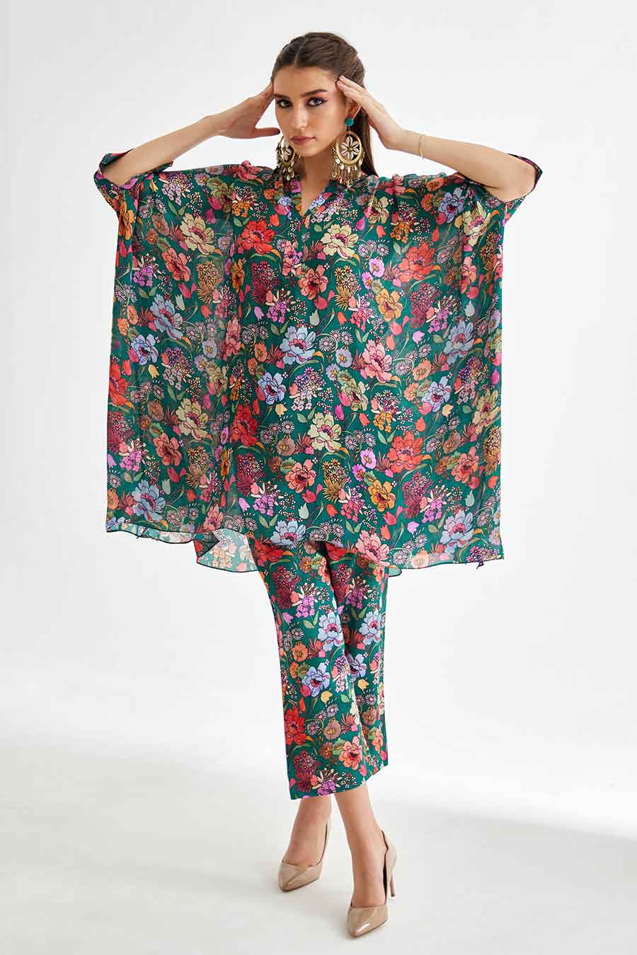 Big Green Floral Printed Short Kaftan & Pant Set