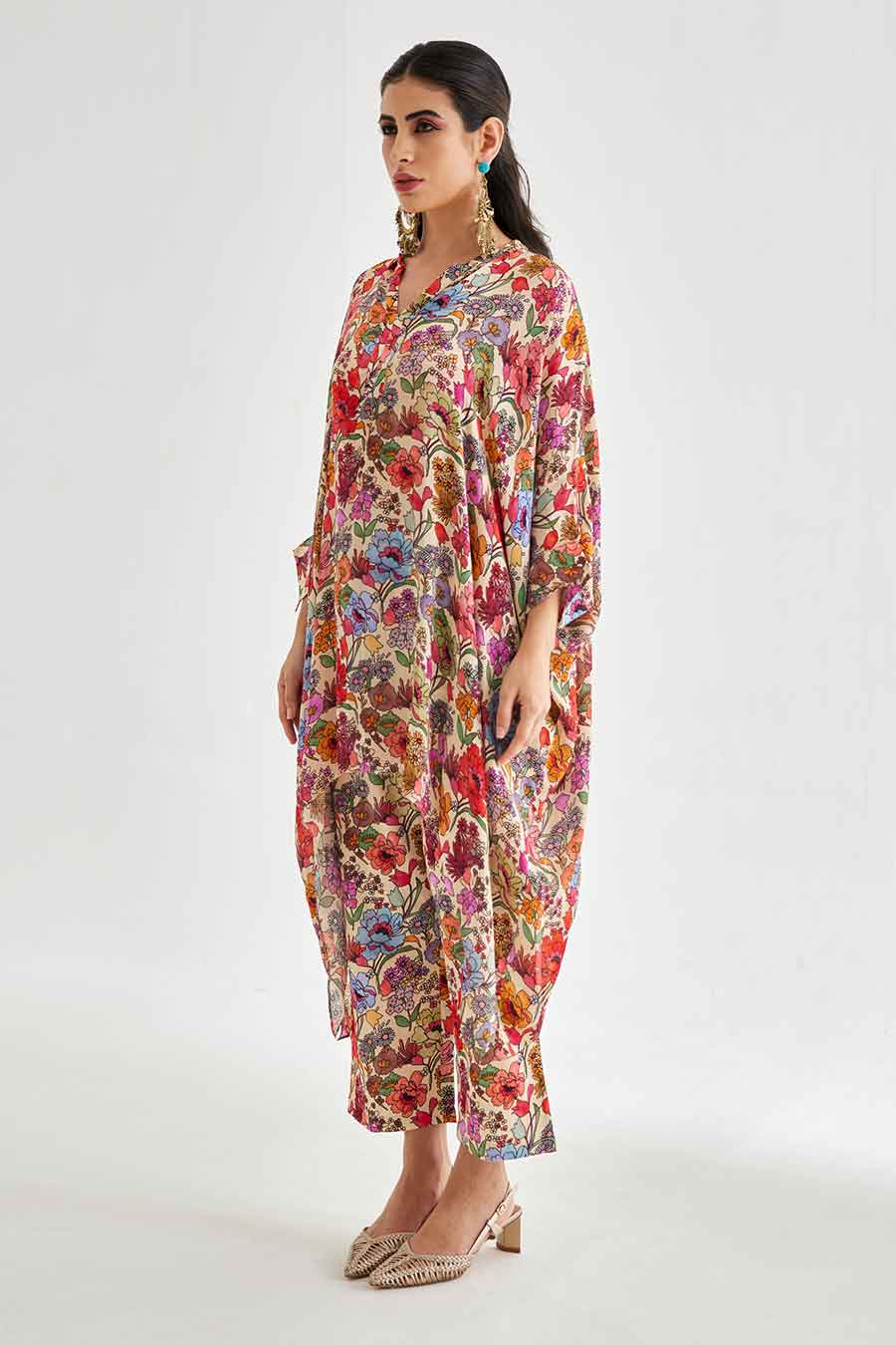 Big White Floral Printed Short Kaftan & Pant Set