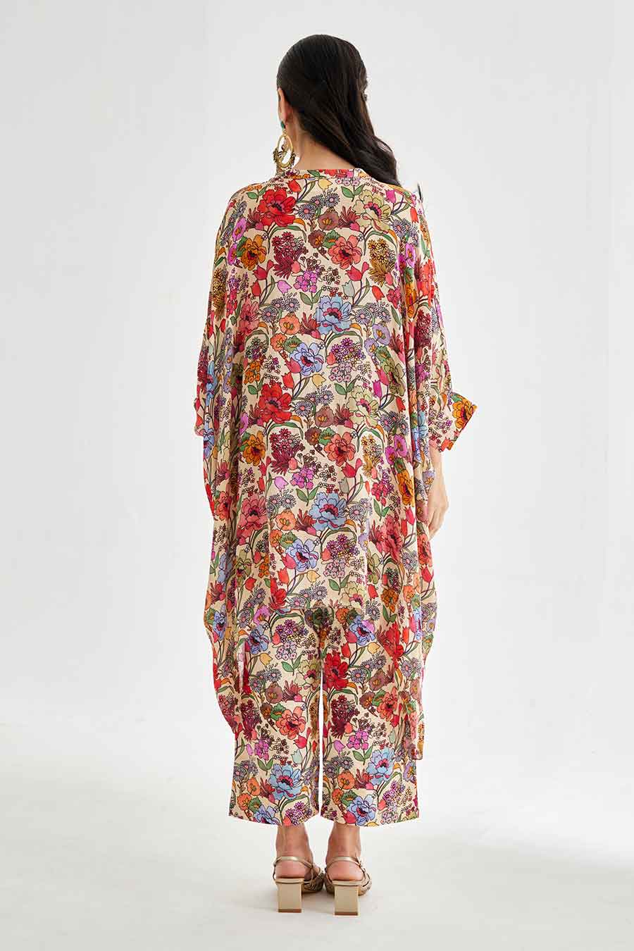 Big White Floral Printed Short Kaftan & Pant Set