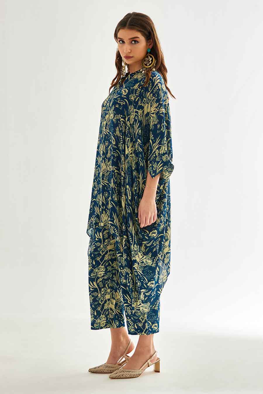 Small Blue Floral Printed Short Kaftan & Pant Set