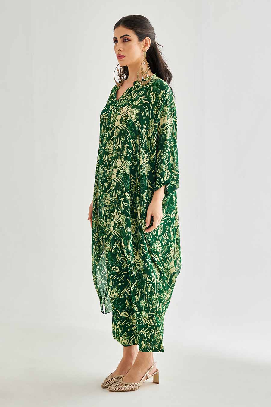 Small Green Floral Printed Short Kaftan & Pant Set