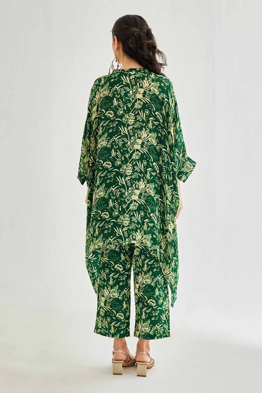 Small Green Floral Printed Short Kaftan & Pant Set