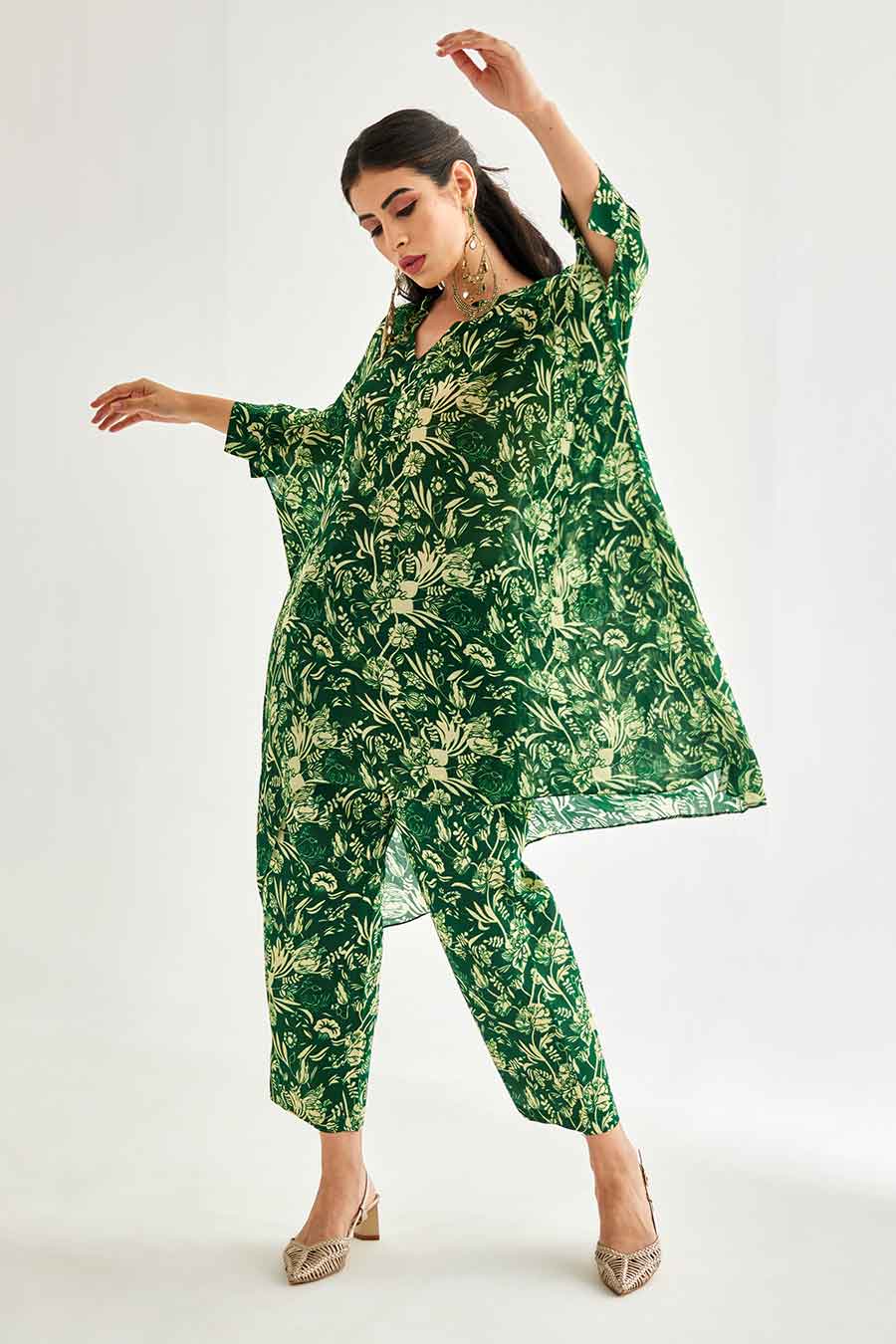 Small Green Floral Printed Short Kaftan & Pant Set