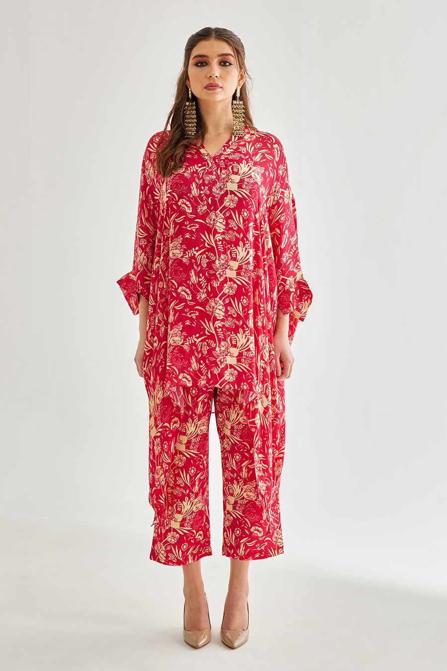 Small Pink Floral Printed Short Kaftan & Pant Set