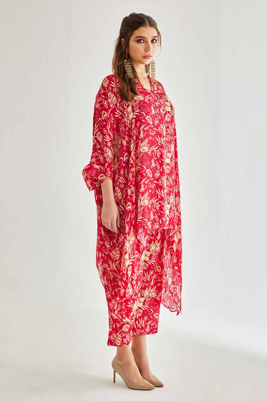 Small Pink Floral Printed Short Kaftan & Pant Set