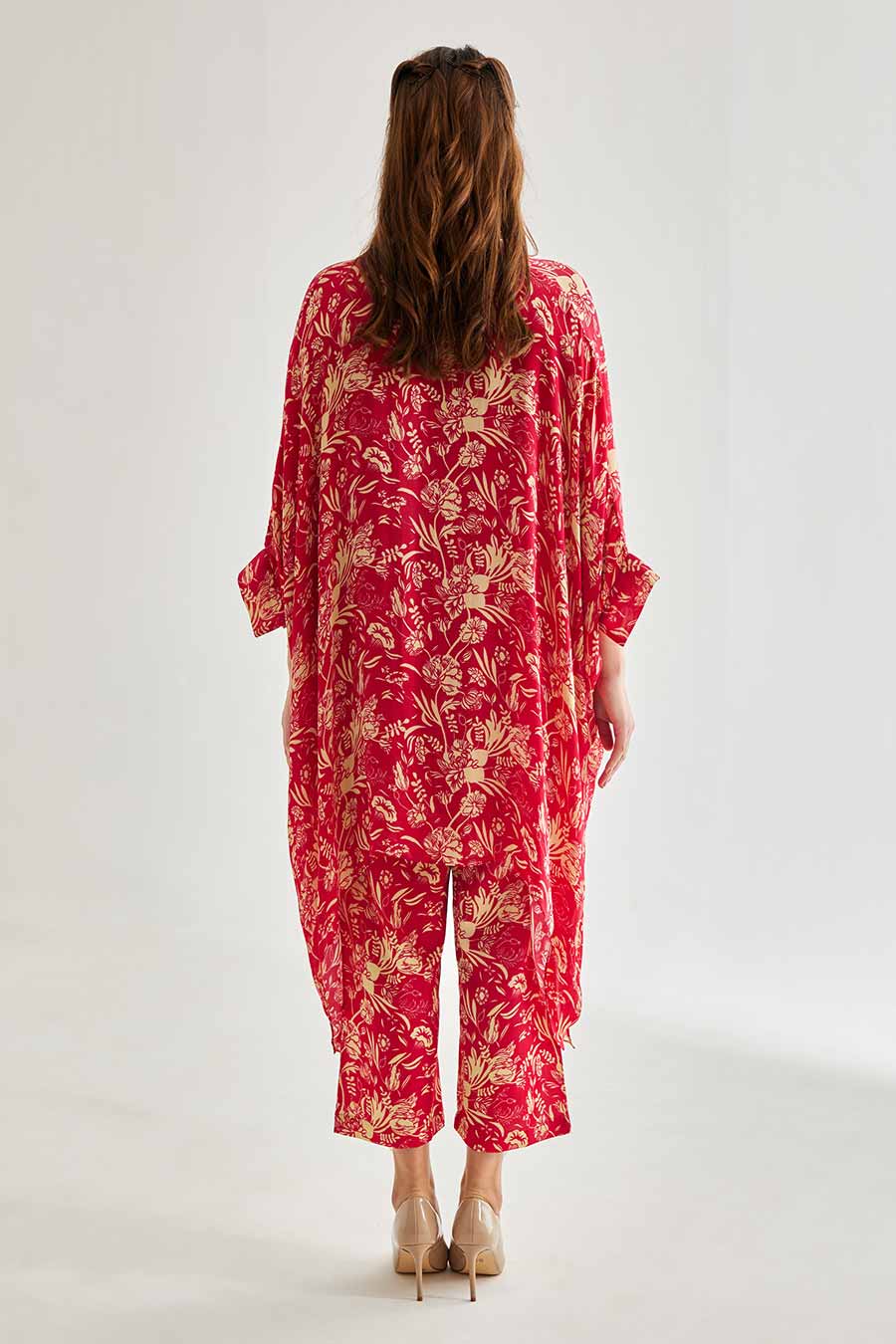 Small Pink Floral Printed Short Kaftan & Pant Set