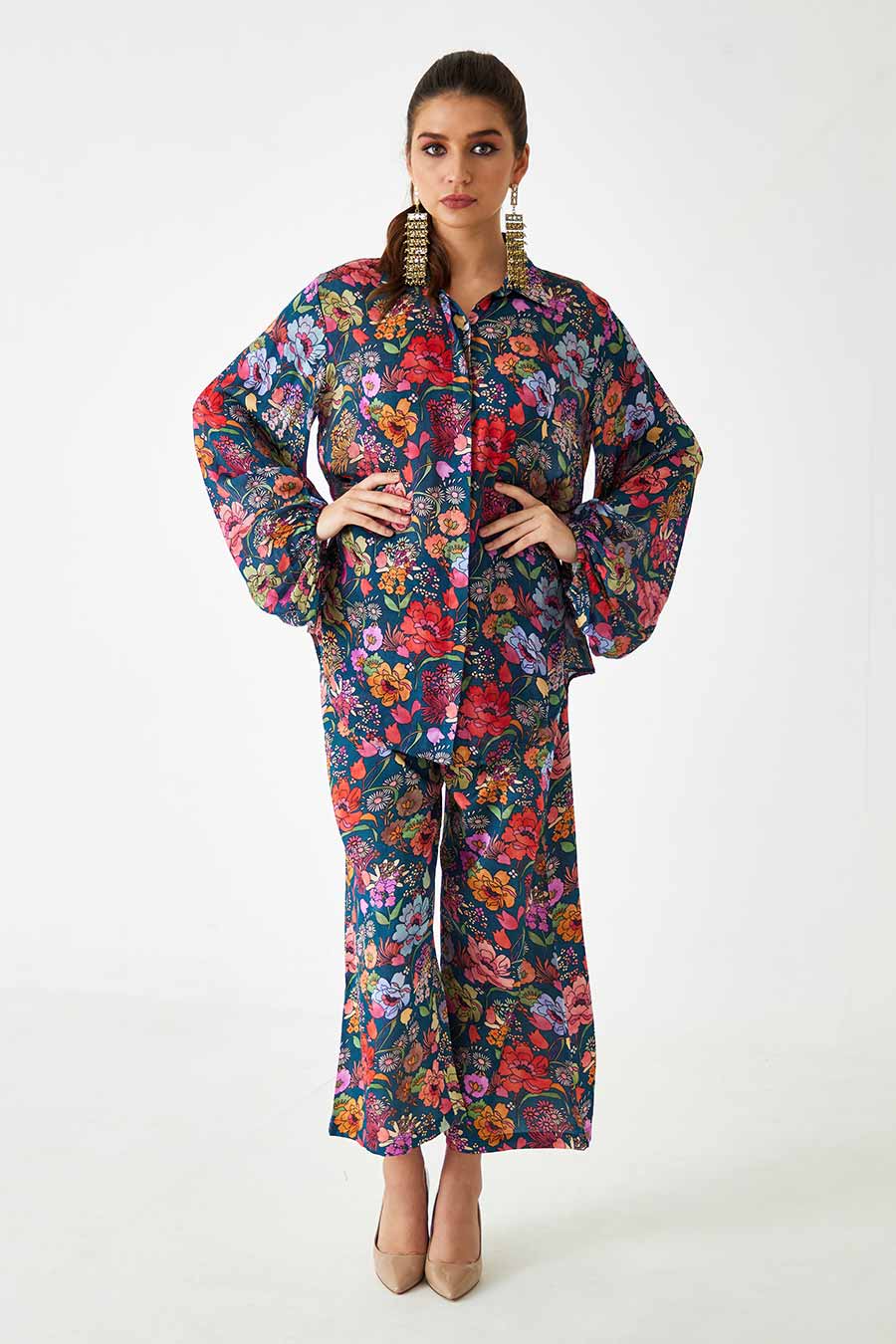 Big Blue Floral Printed Work Shirt & Pant Set