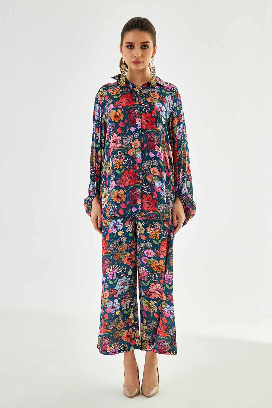 Big Blue Floral Printed Work Shirt & Pant Set