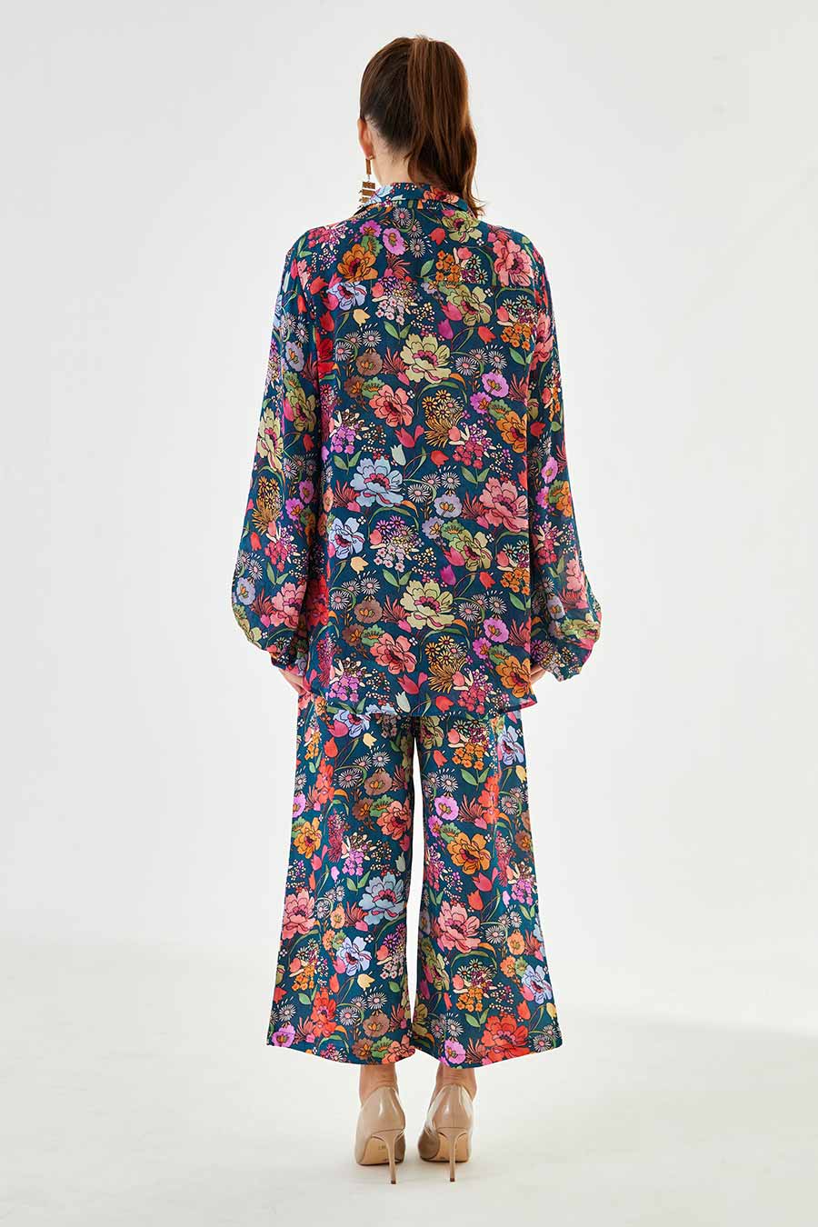 Big Blue Floral Printed Work Shirt & Pant Set