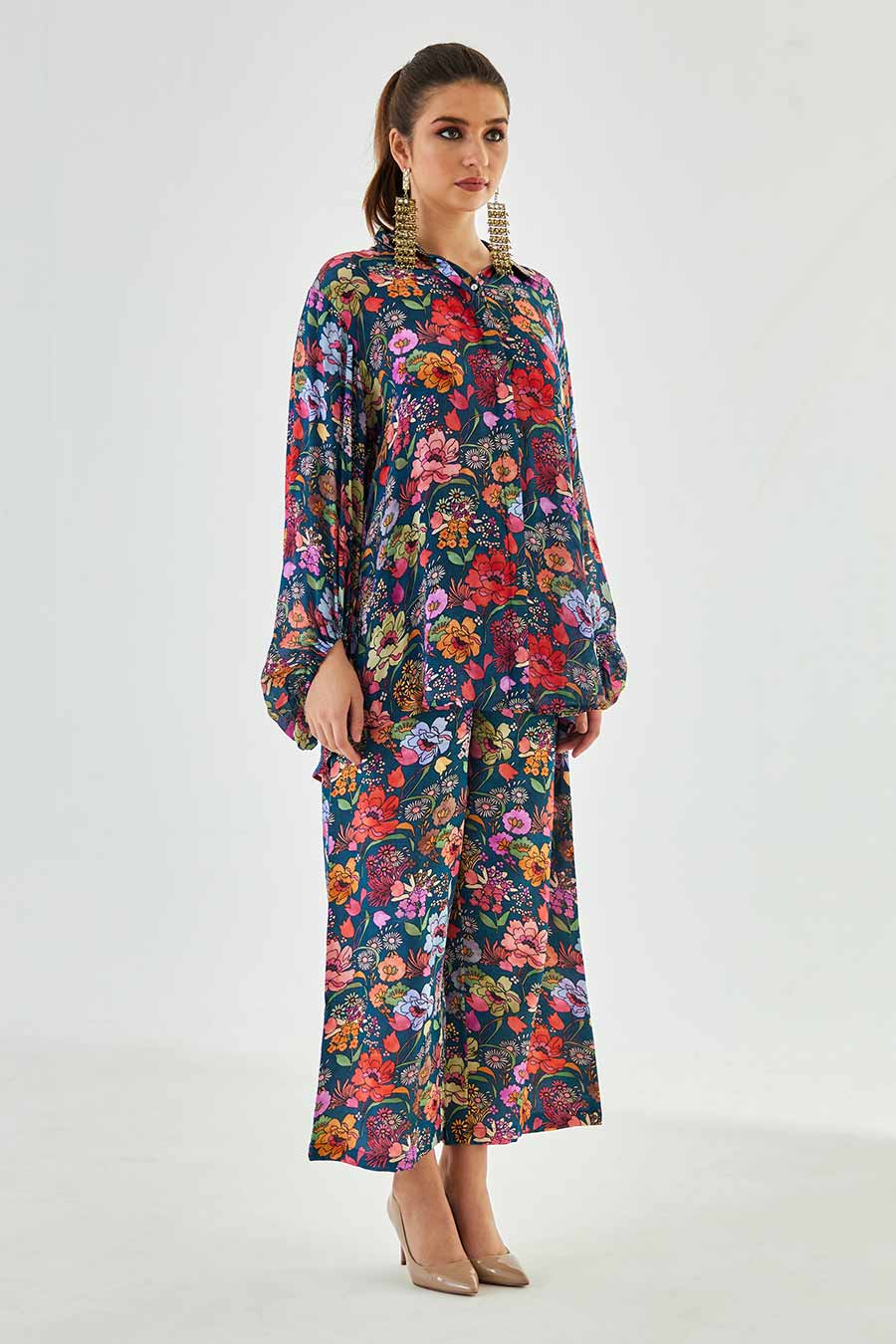 Big Blue Floral Printed Work Shirt & Pant Set