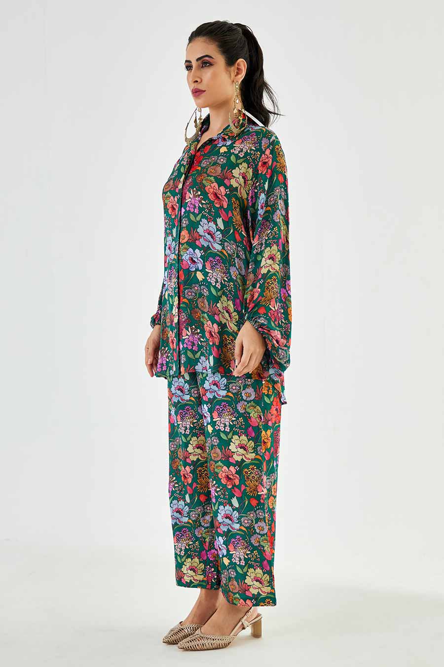 Big Green Floral Printed Work Shirt & Pant Set
