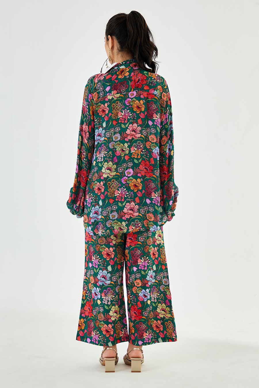 Big Green Floral Printed Work Shirt & Pant Set