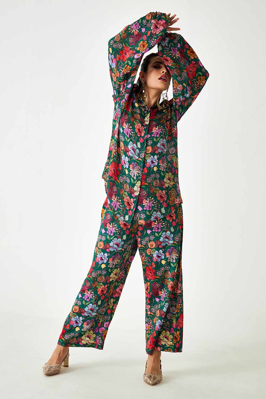 Big Green Floral Printed Work Shirt & Pant Set