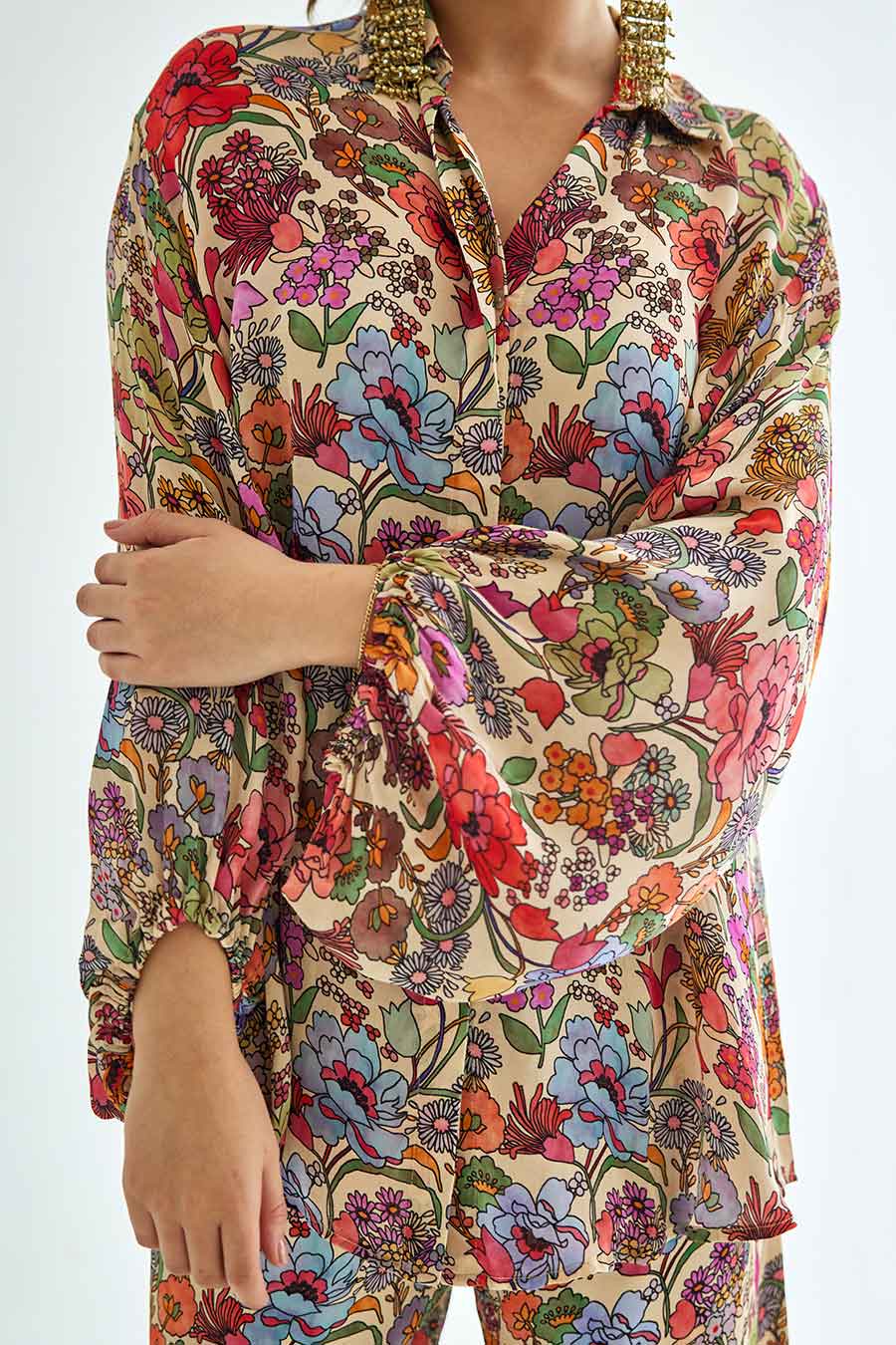 Big White Floral Printed Work Shirt & Pant Set
