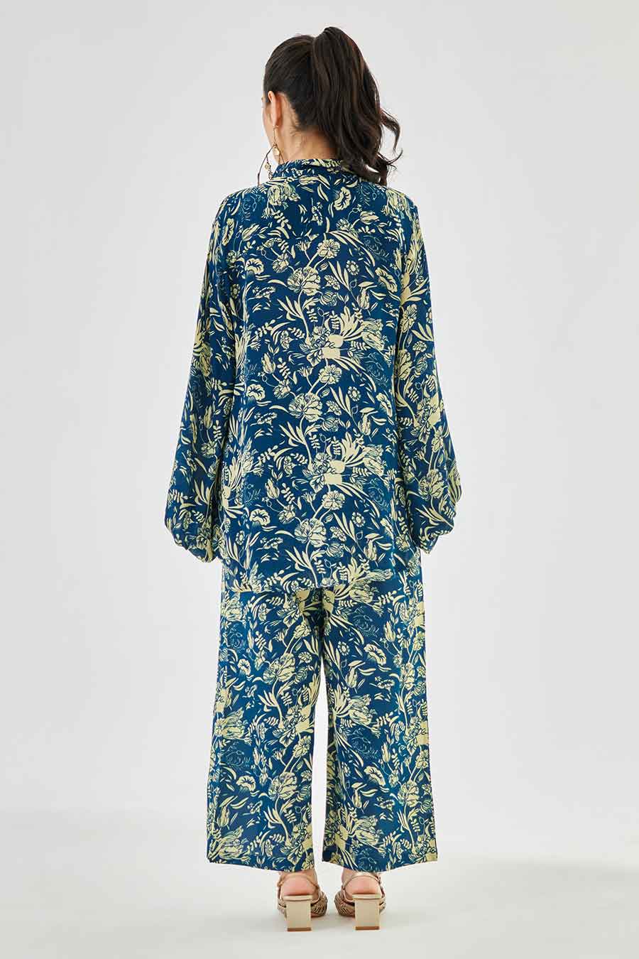 Small Blue Floral Printed Work Shirt & Pant Set