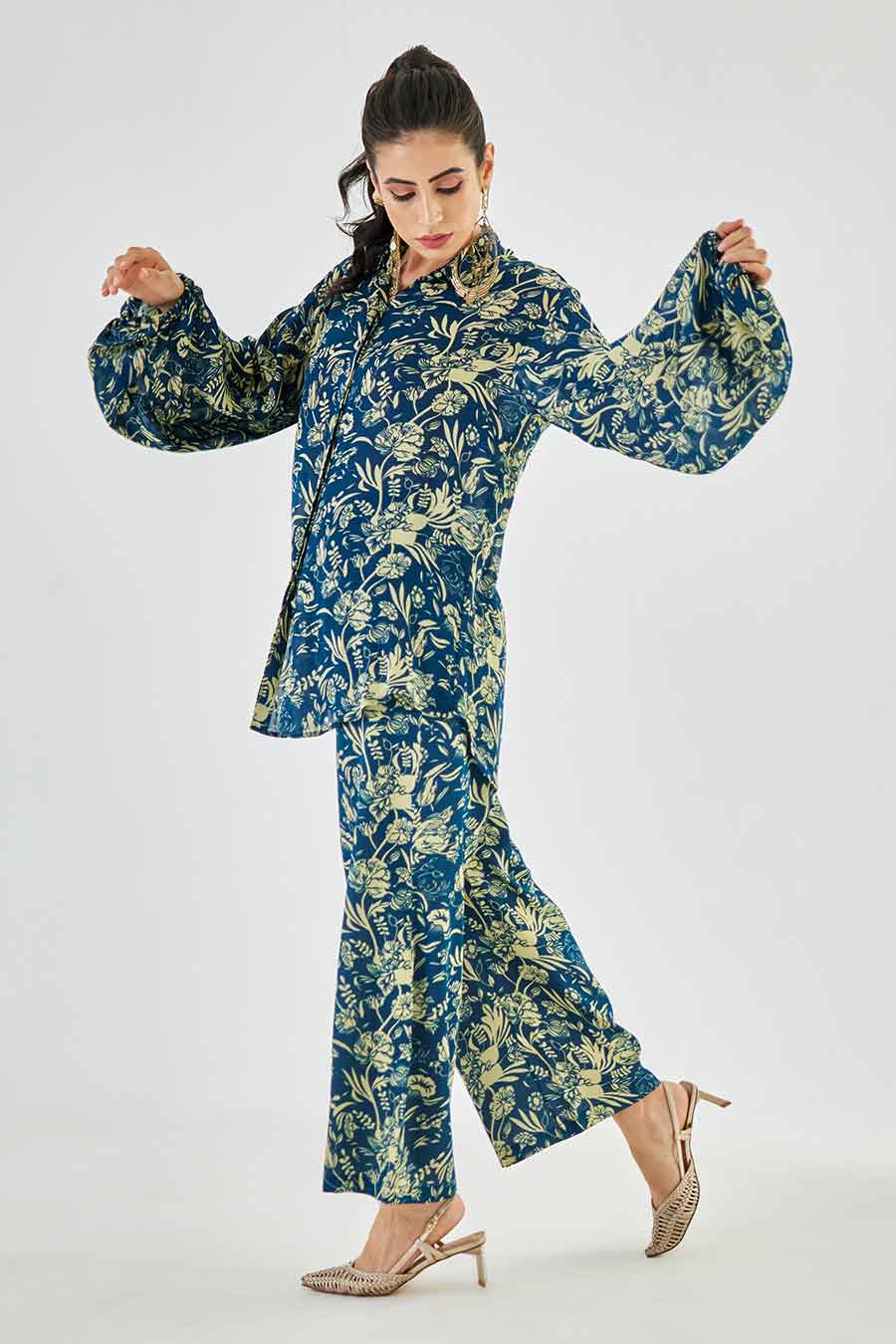 Small Blue Floral Printed Work Shirt & Pant Set