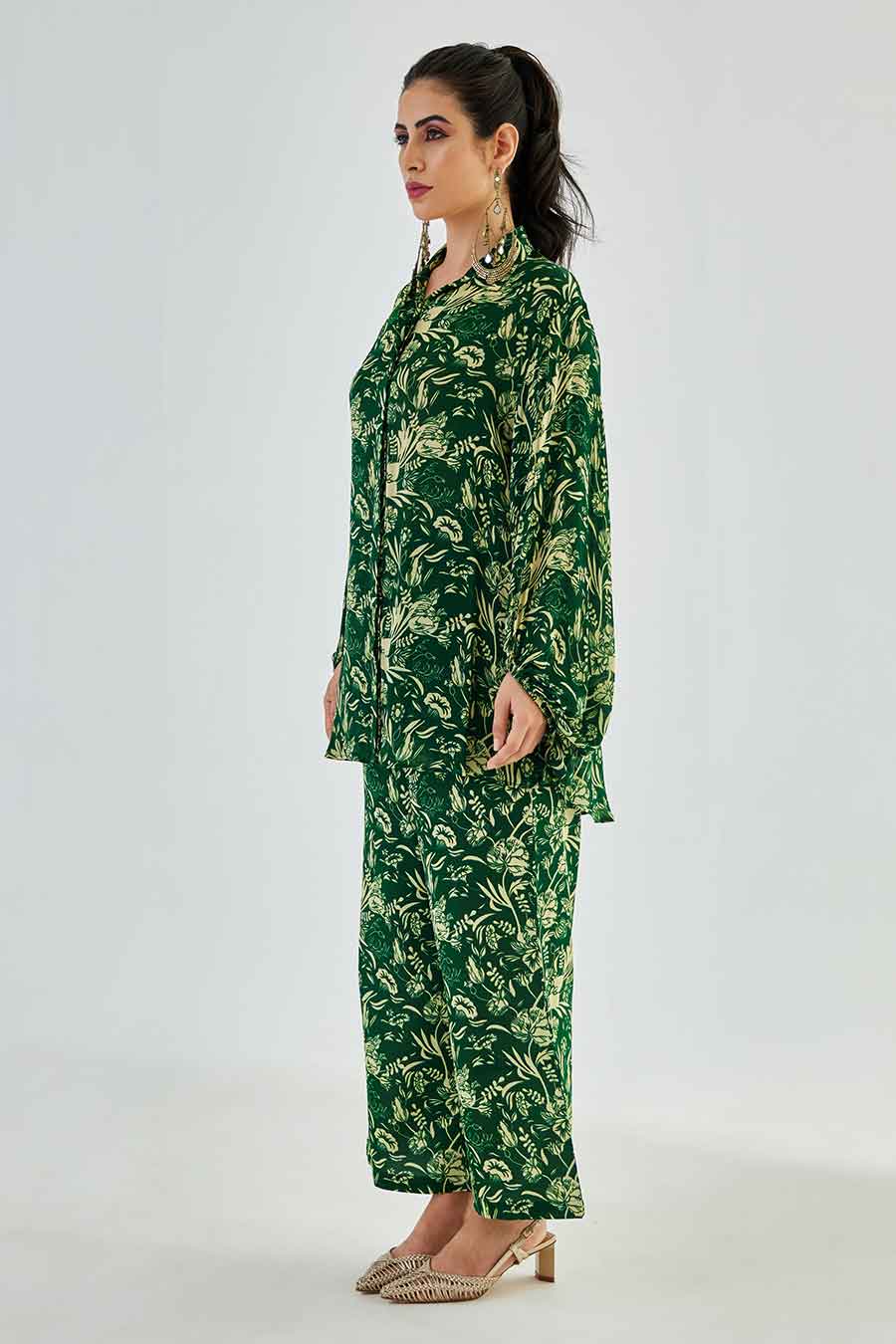 Small Green Floral Printed Work Shirt & Pant Set