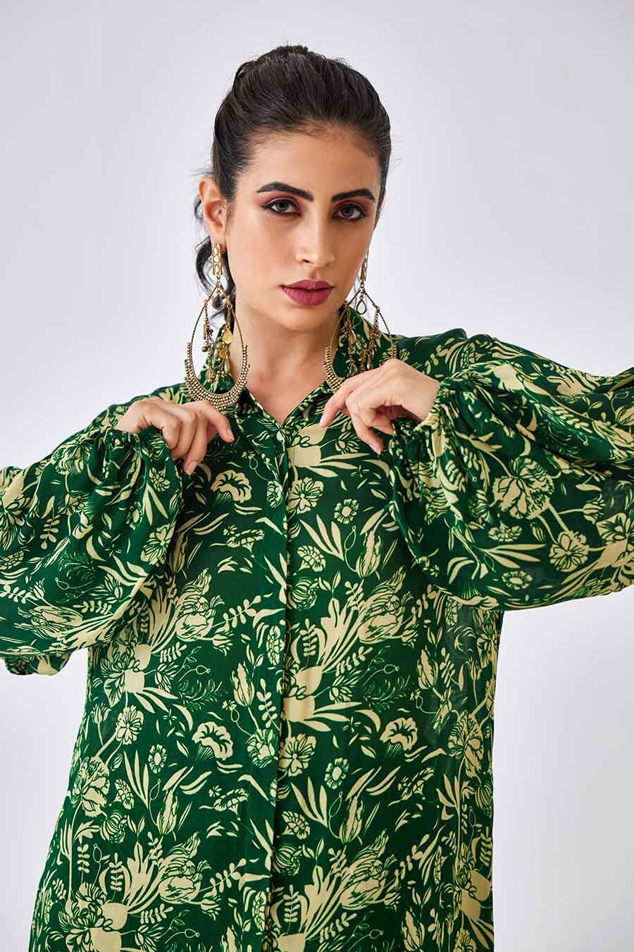 Small Green Floral Printed Work Shirt & Pant Set