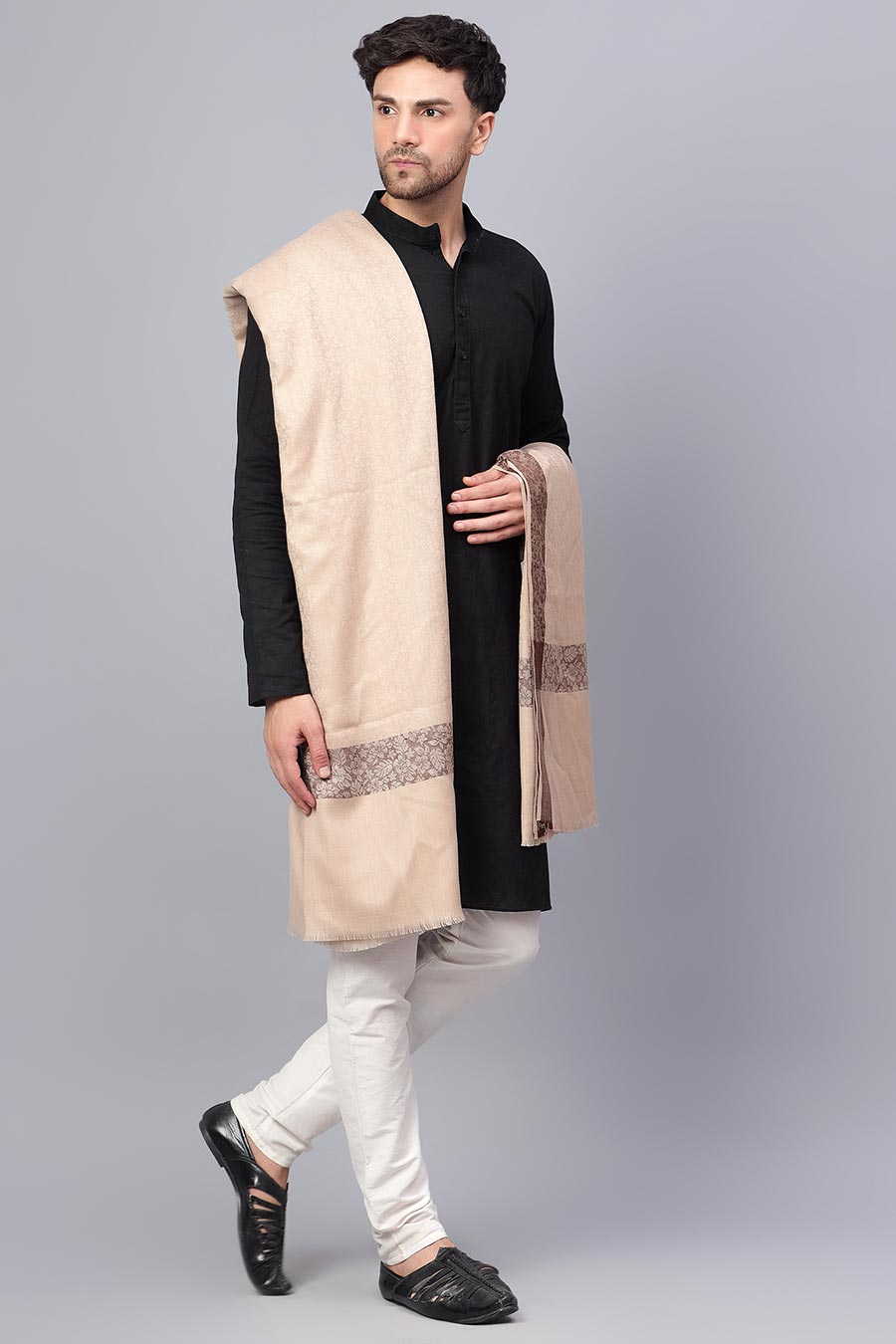 Beige Self Textured Fine Wool Shawl