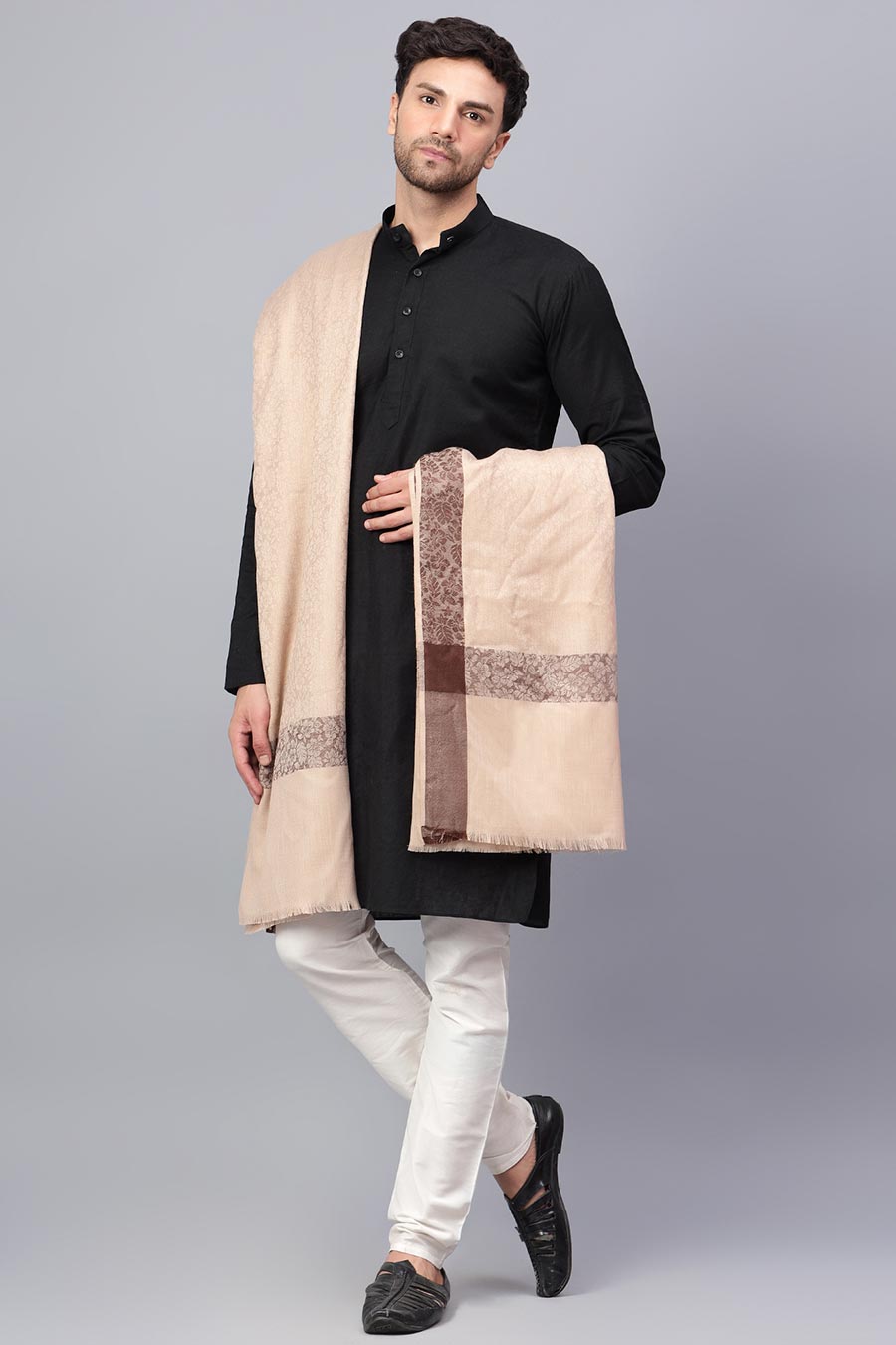 Beige Self Textured Fine Wool Shawl