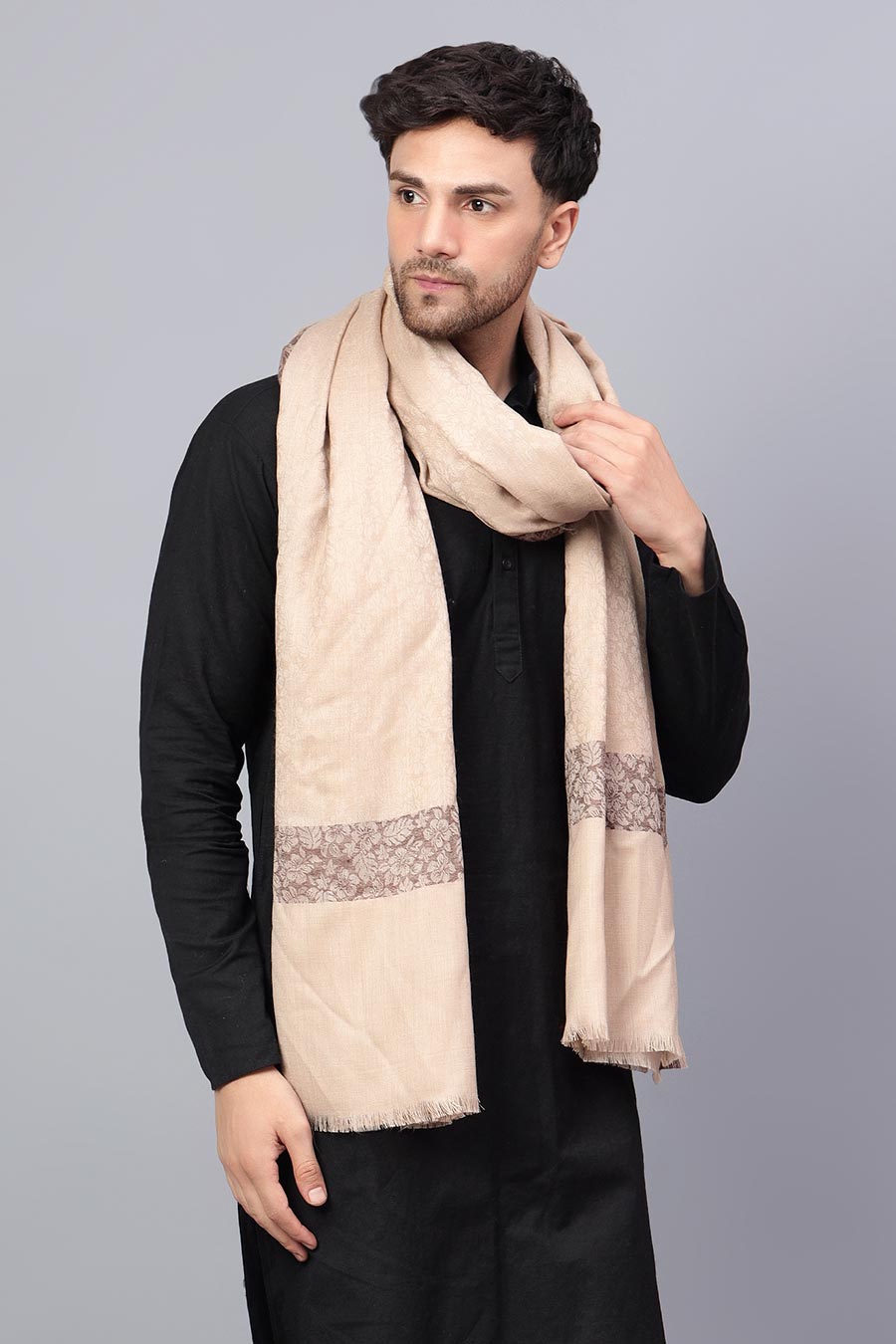 Beige Self Textured Fine Wool Shawl