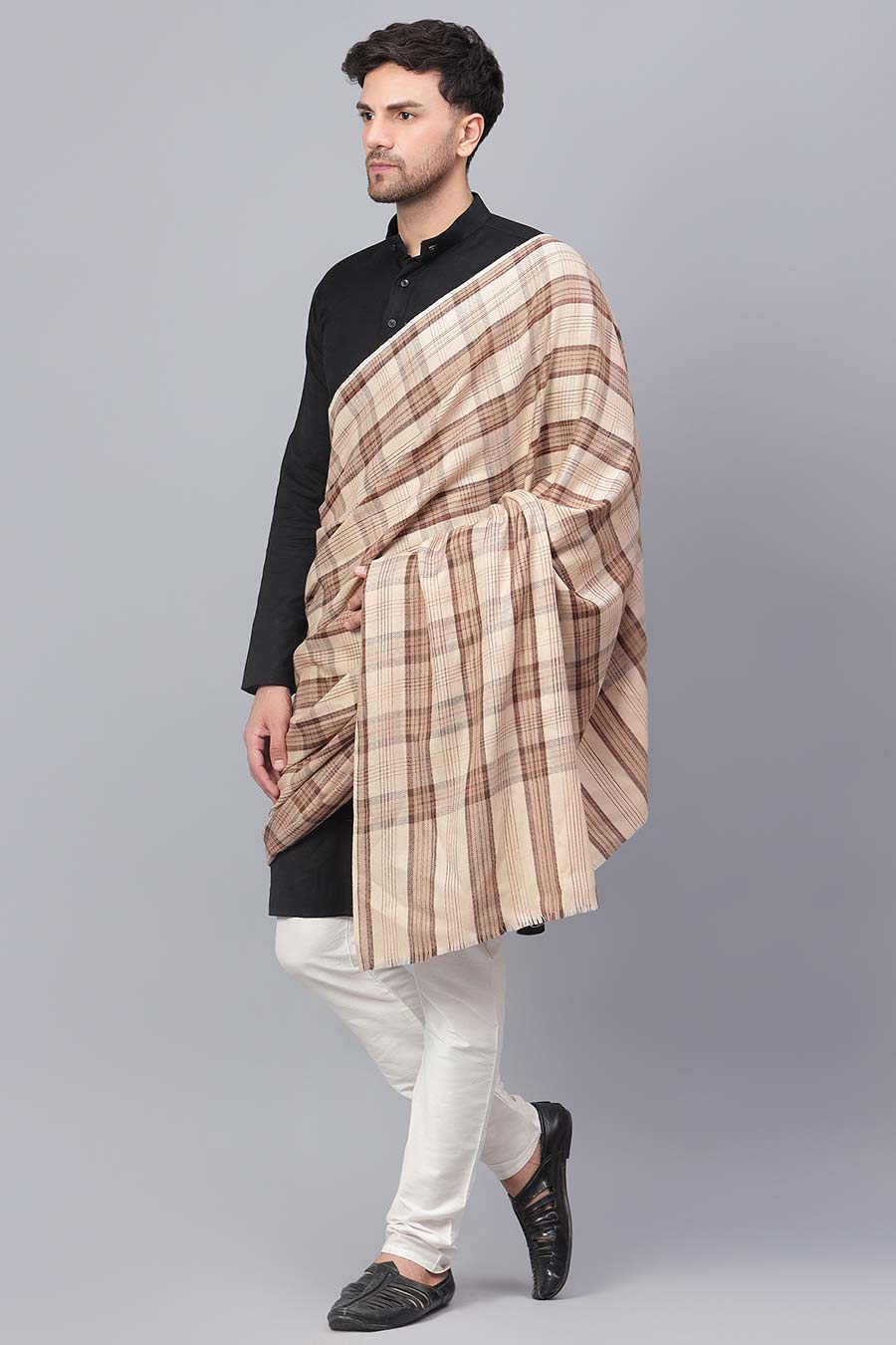 Beige Self Textured Check Fine Wool Shawl