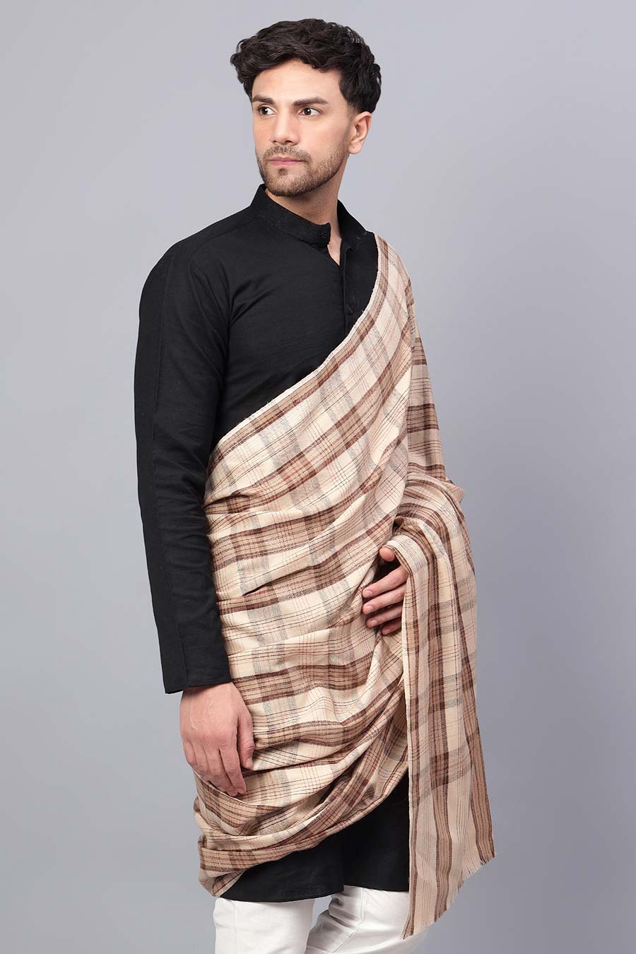 Beige Self Textured Check Fine Wool Shawl