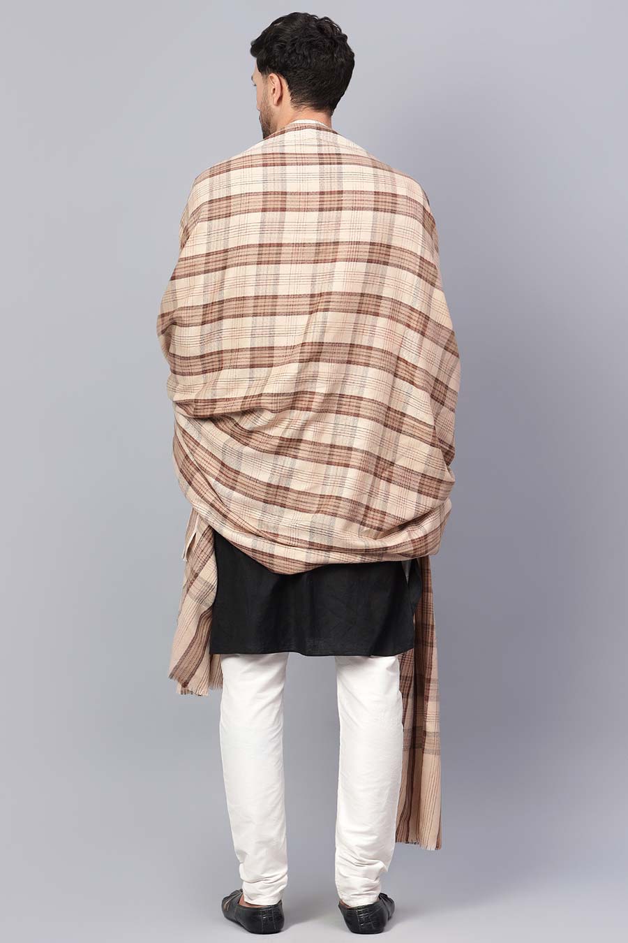 Beige Self Textured Check Fine Wool Shawl