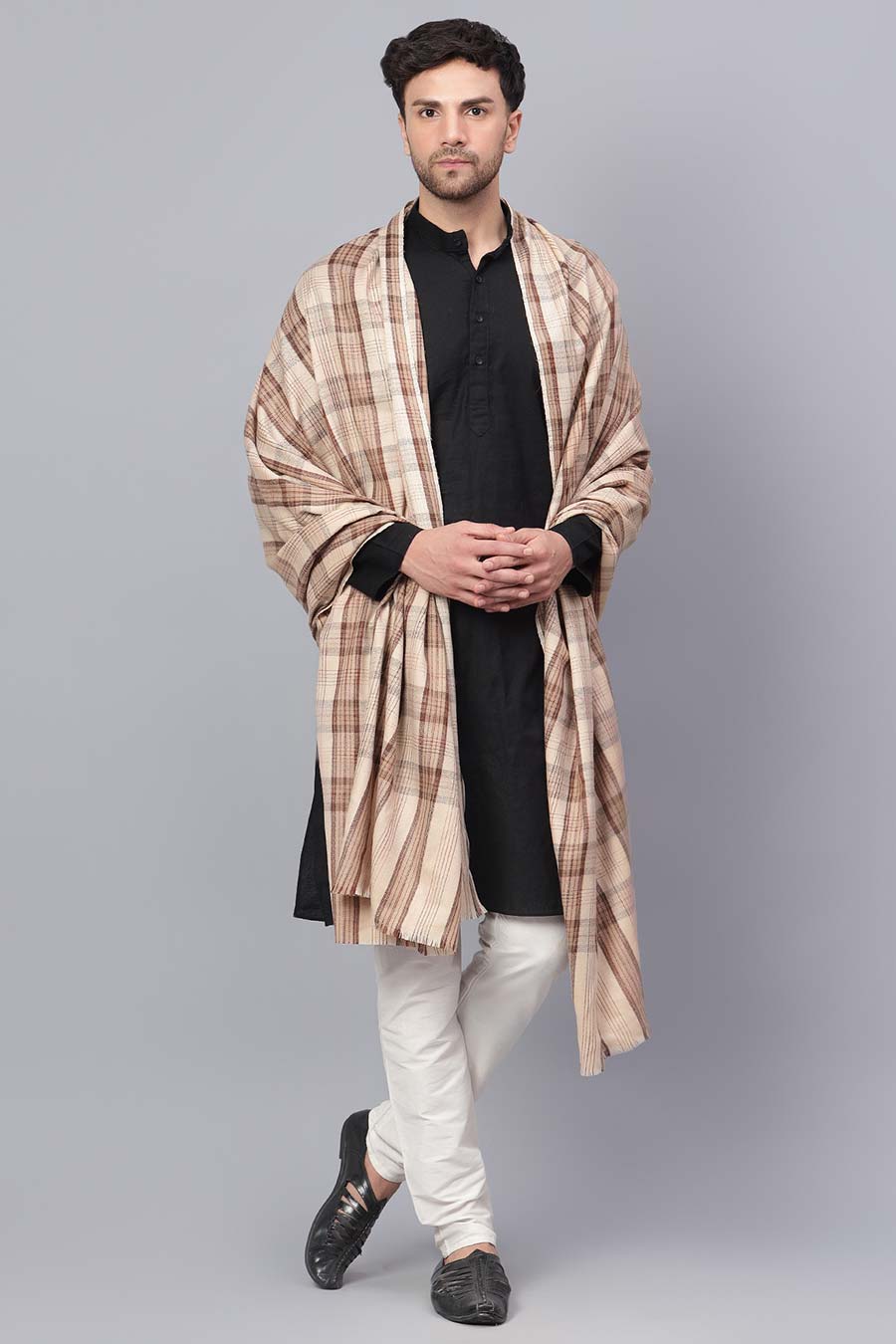 Beige Self Textured Check Fine Wool Shawl