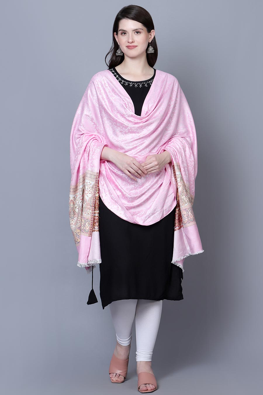 Pink Self textured Paisley Border Fine Wool Shawl
