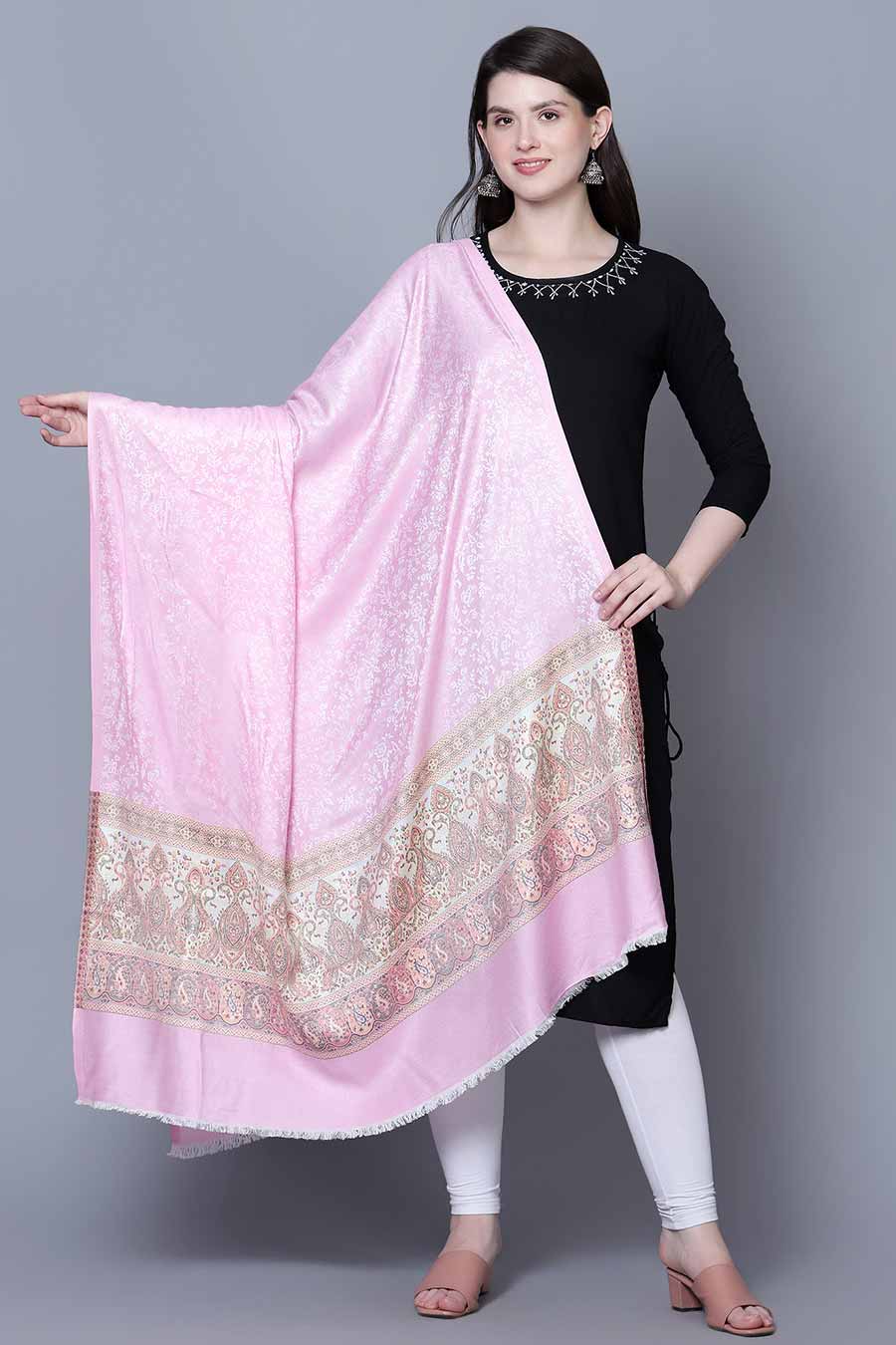 Pink Self textured Paisley Border Fine Wool Shawl