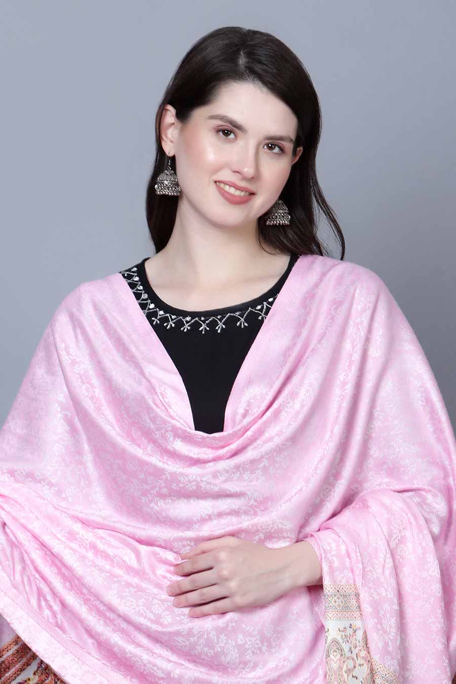 Pink Self textured Paisley Border Fine Wool Shawl