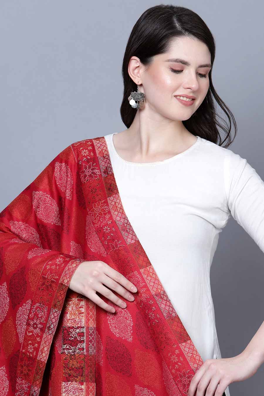 Red Jamawar Jaal Fine Wool Kashmiri Shawl
