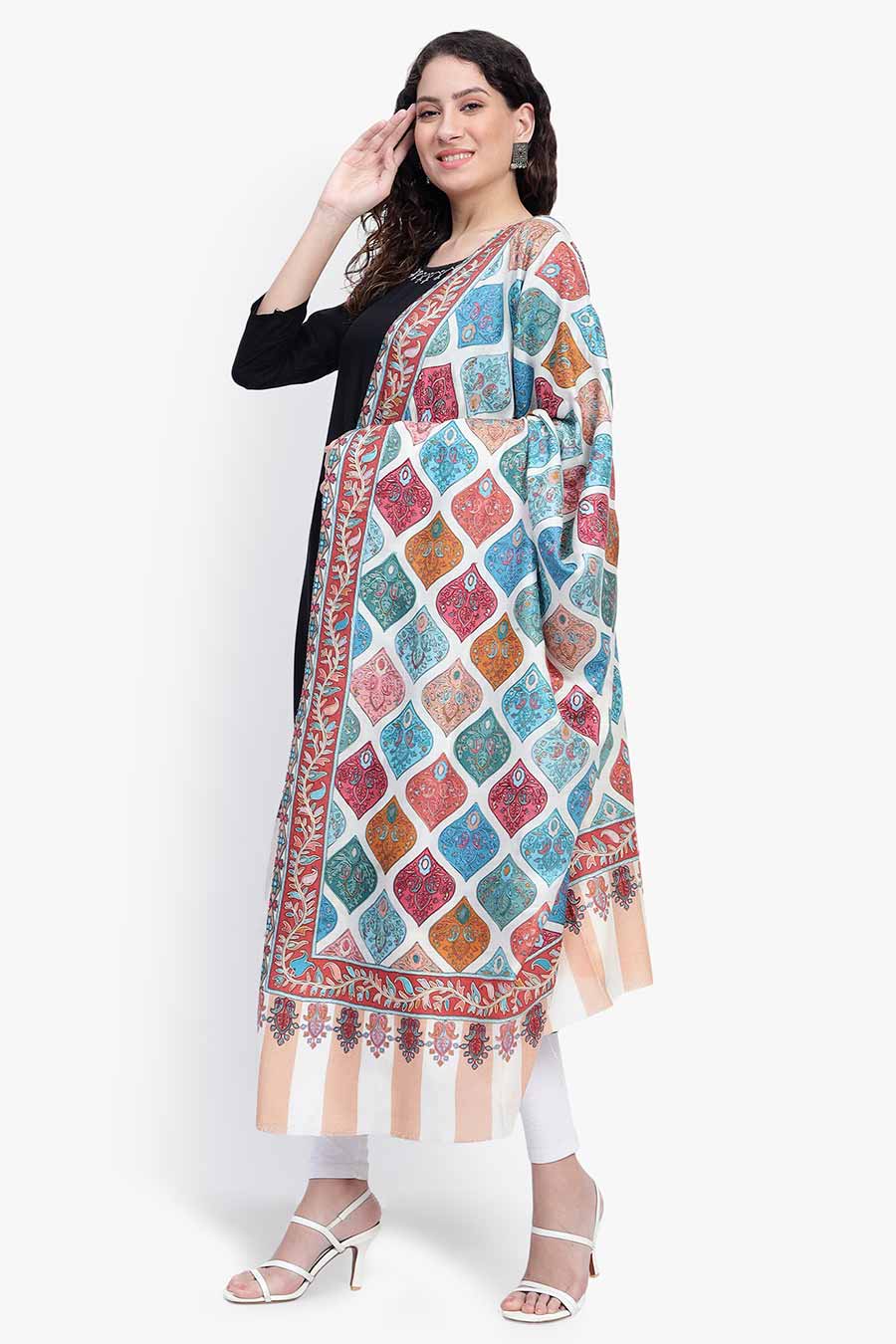 Multicolour Kalamkari Jaal Fine Wool Luxury Shawl