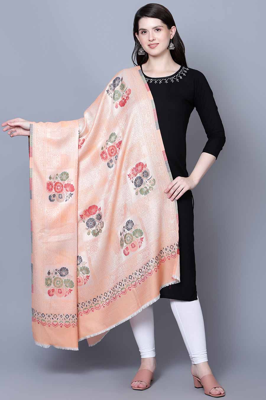 Peach Floral Fine Wool Shawl