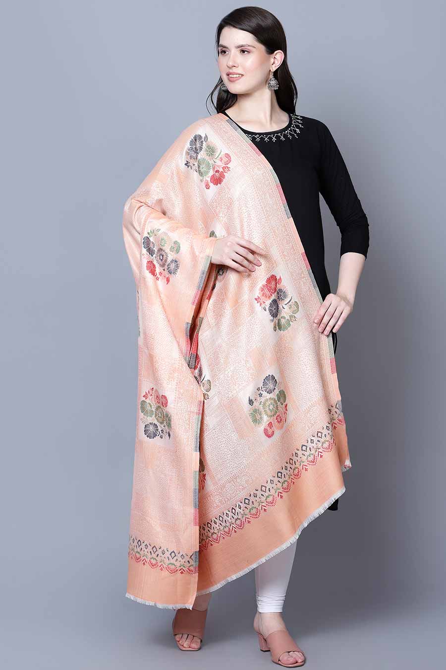 Peach Floral Fine Wool Shawl